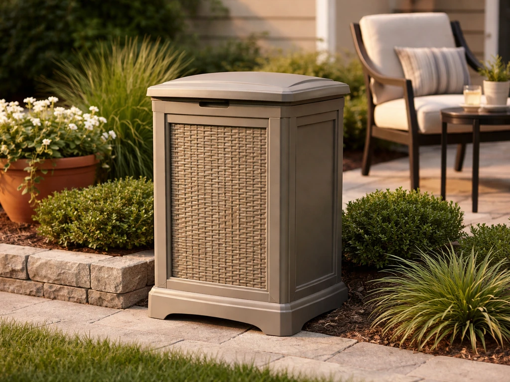Decorative weatherproof outdoor patio trash can with lid closed beside patio furniture and landscaped greenery.