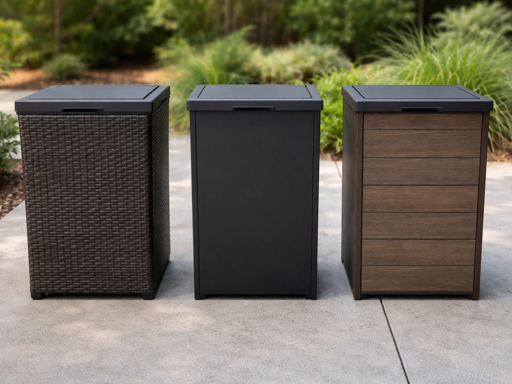 Three outdoor patio trash can materials shown side-by-side: resin wicker, powder-coated metal, and wood-look composite.