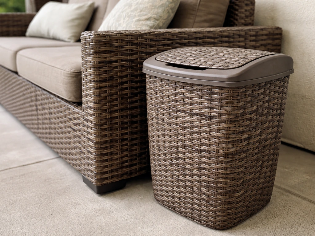 Close-up of a resin wicker-look trash can next to matching patio wicker furniture, showing woven texture.