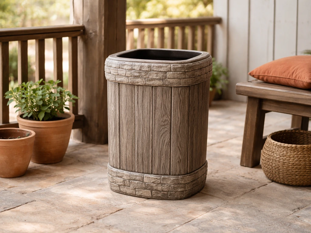 Wood-look decorative trash can beside terracotta pots and warm cushions in a rustic farmhouse patio.