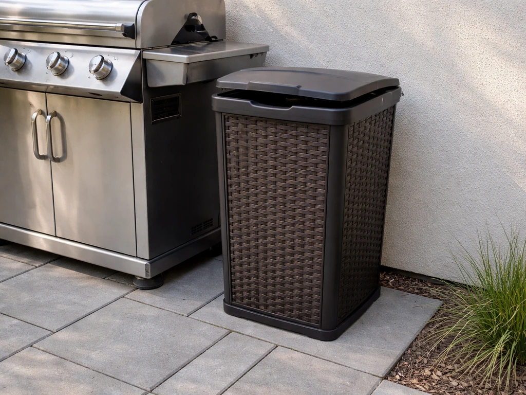 Decorative outdoor trash bin placed beside a patio grill with lid closed, tidy pest-safe setup.