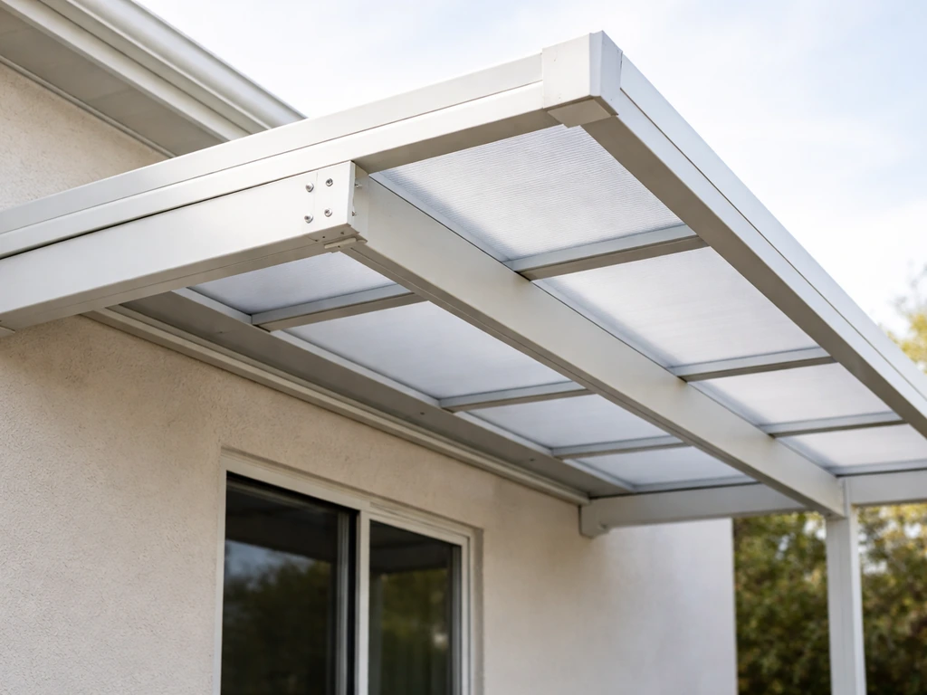 Aluminum patio cover attached to a home exterior, showing roof panels and frame detail in daylight.