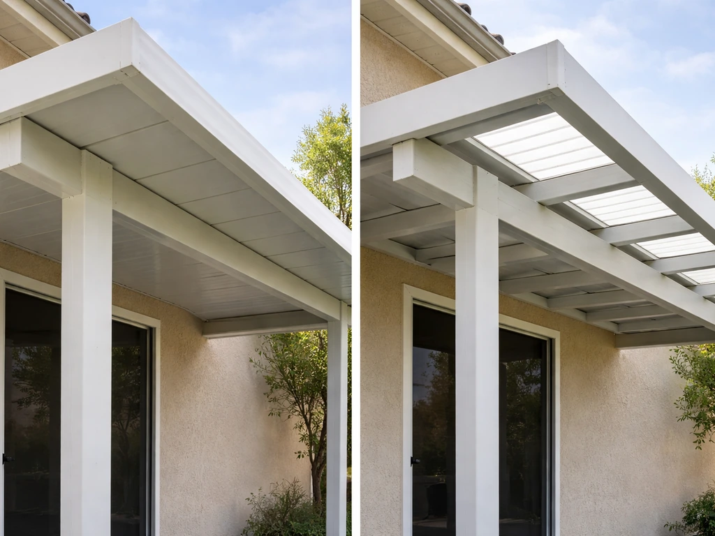 Side-by-side view of two aluminum patio cover structures showing different paneling and beam thickness.