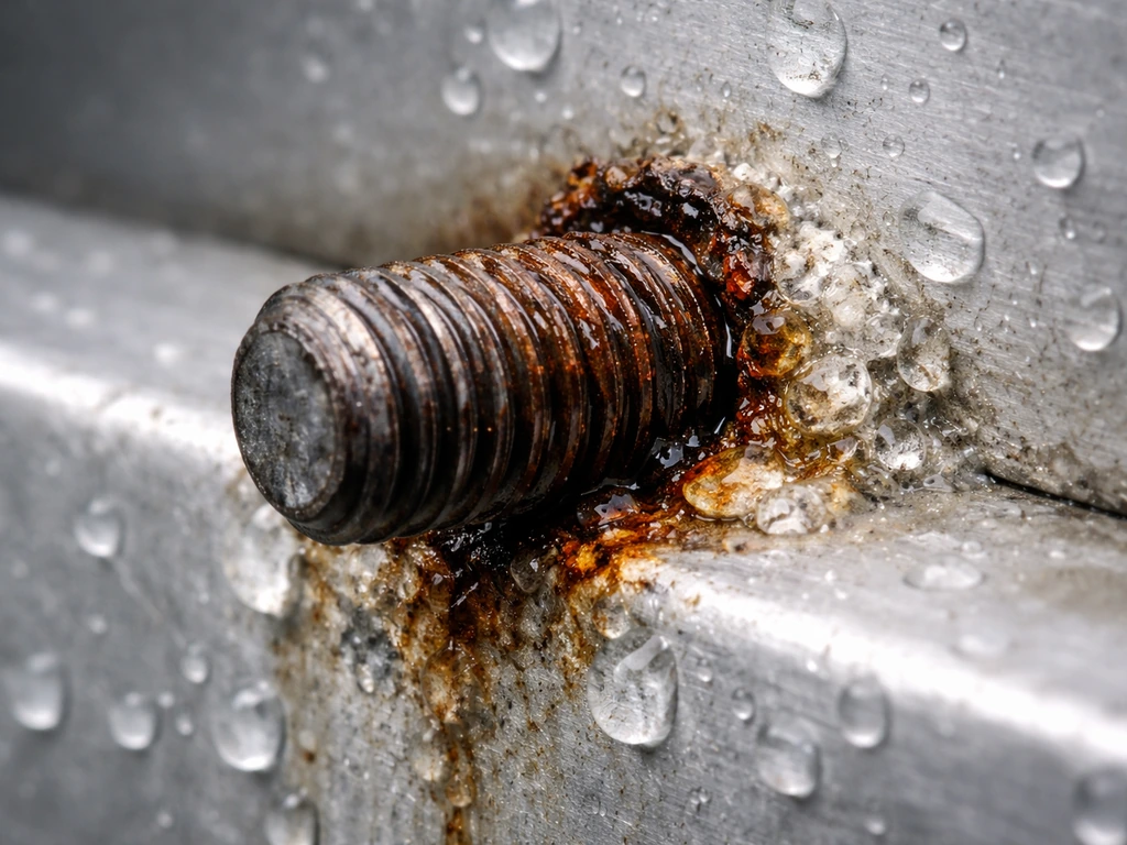 Close-up of rust and white corrosion around a steel screw meeting aluminum in wet conditions