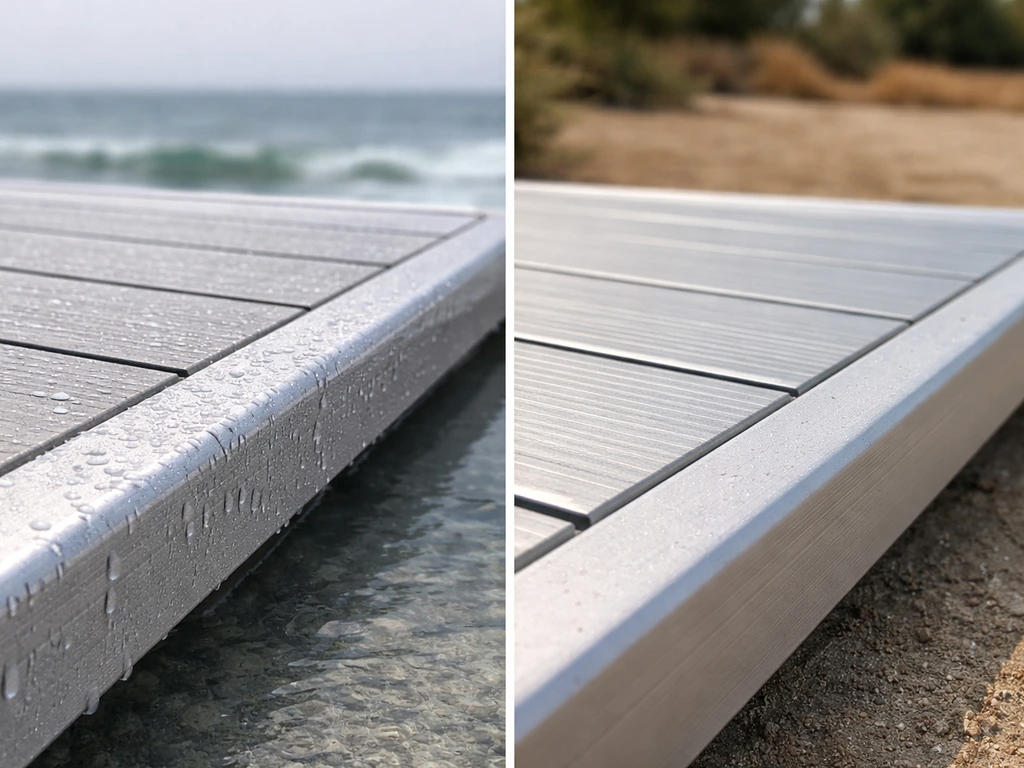 Split photo of an aluminum cover near saltwater vs in a dry inland yard, showing different wear.