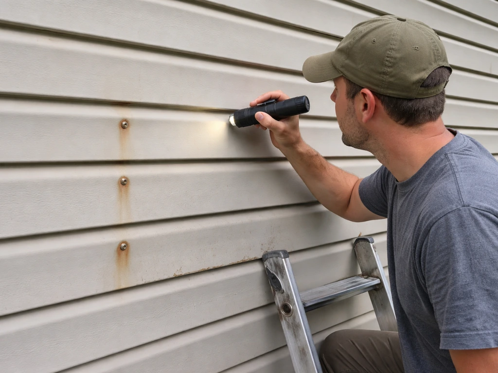 Anonymous technician on a ladder using a flashlight to inspect exterior fasteners for rust and oxidation.