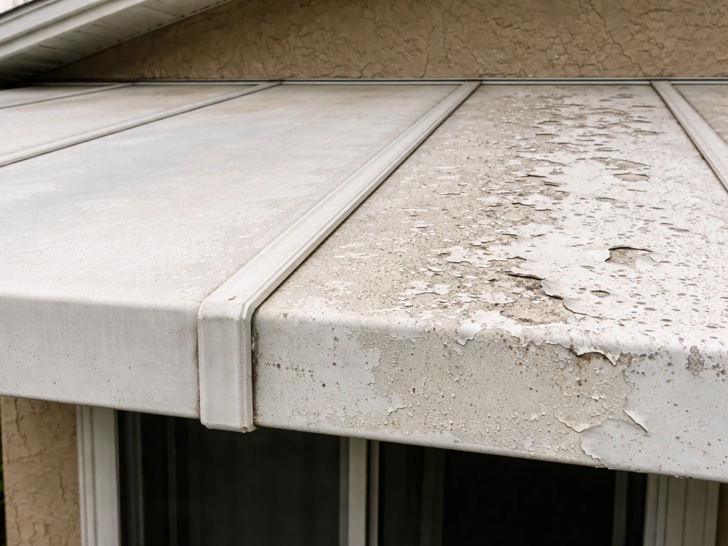 Worn aluminum patio cover showing fading chalking on one section and widespread peeling/pitting on another.