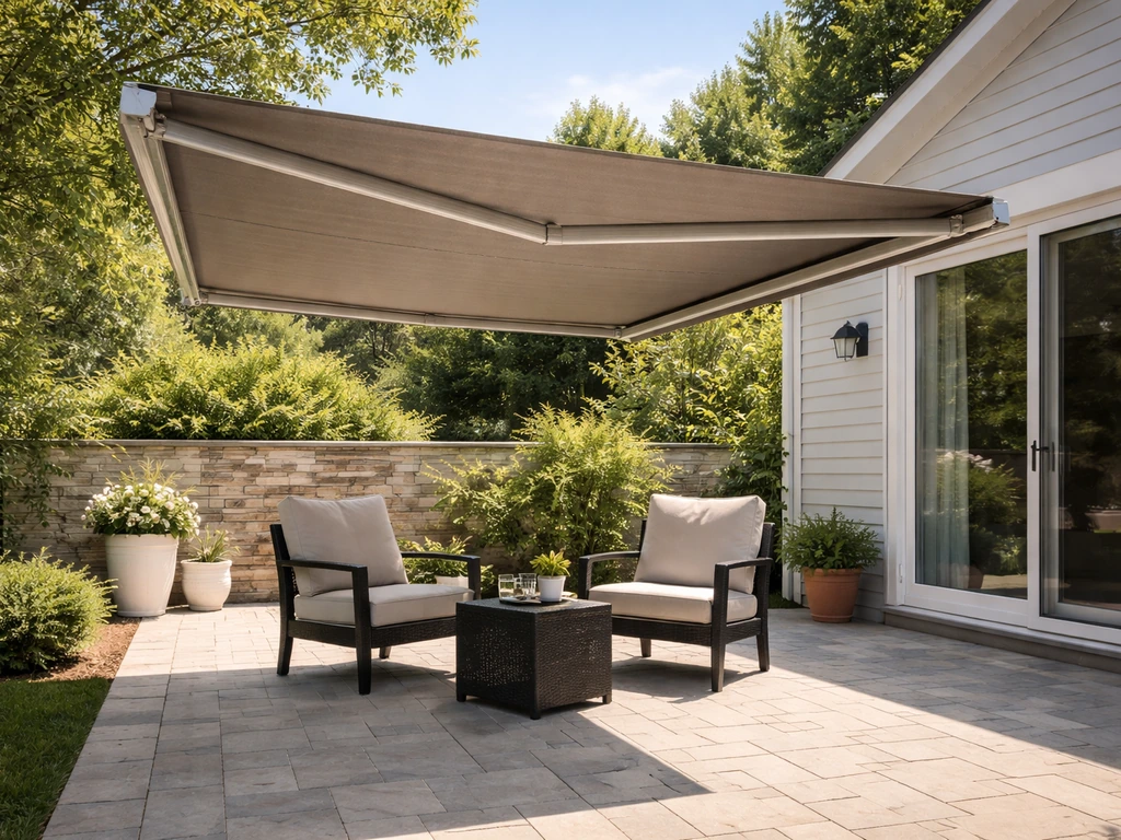 Retractable patio awning shading an outdoor seating area on a sunny day