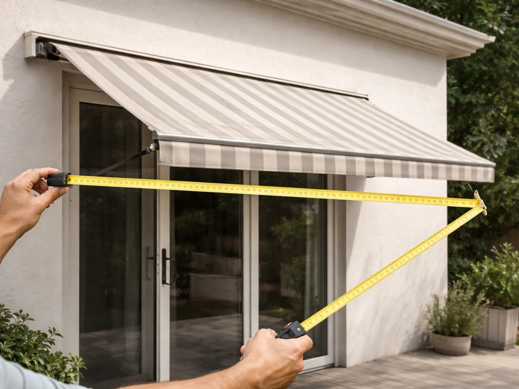 Hands using a tape measure to show awning width beyond a patio door and projection along the fabric slope.