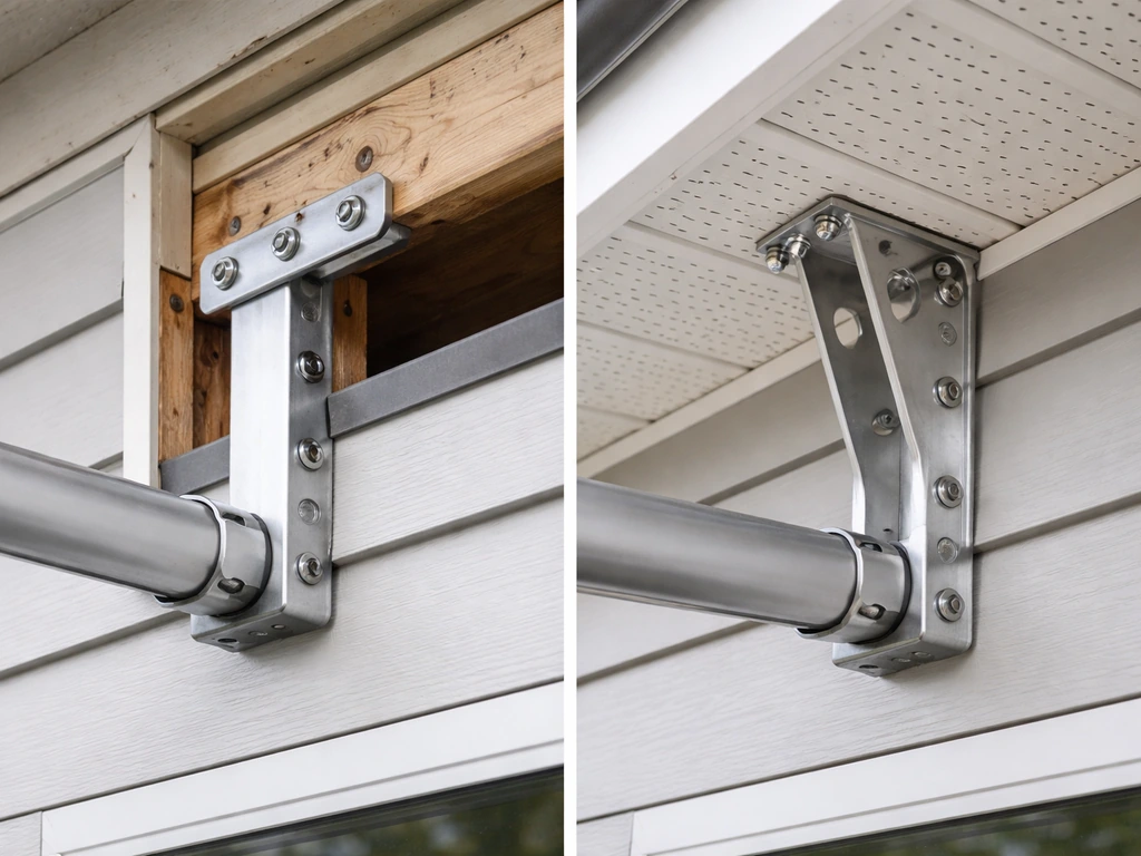 Home exterior showing wall-mounted awning brackets with lag screws versus soffit-mounted brackets.