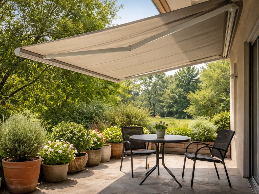 Motorized retractable awning extended over a patio seating area, cassette visible, sunny natural light.