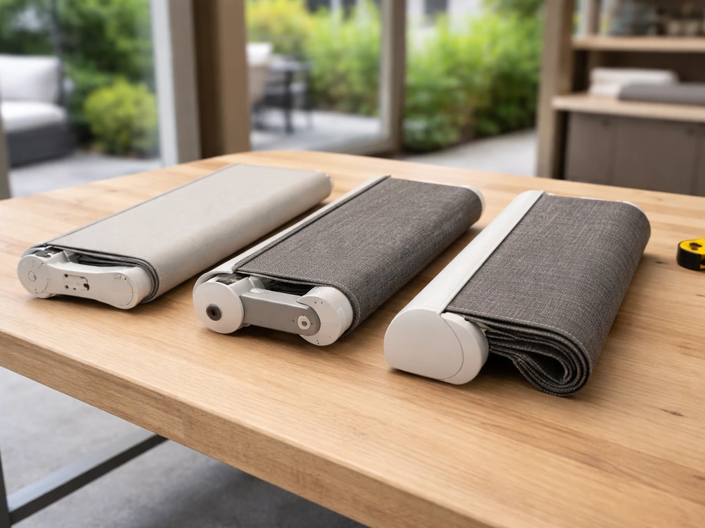 Shopping comparison of three awning types on a worktable: manual, mid-range motorized, premium fabric