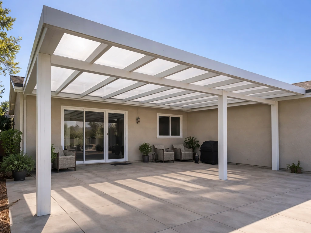 Alumawood-style aluminum patio cover over a residential patio with solid panels and visible roof slope.