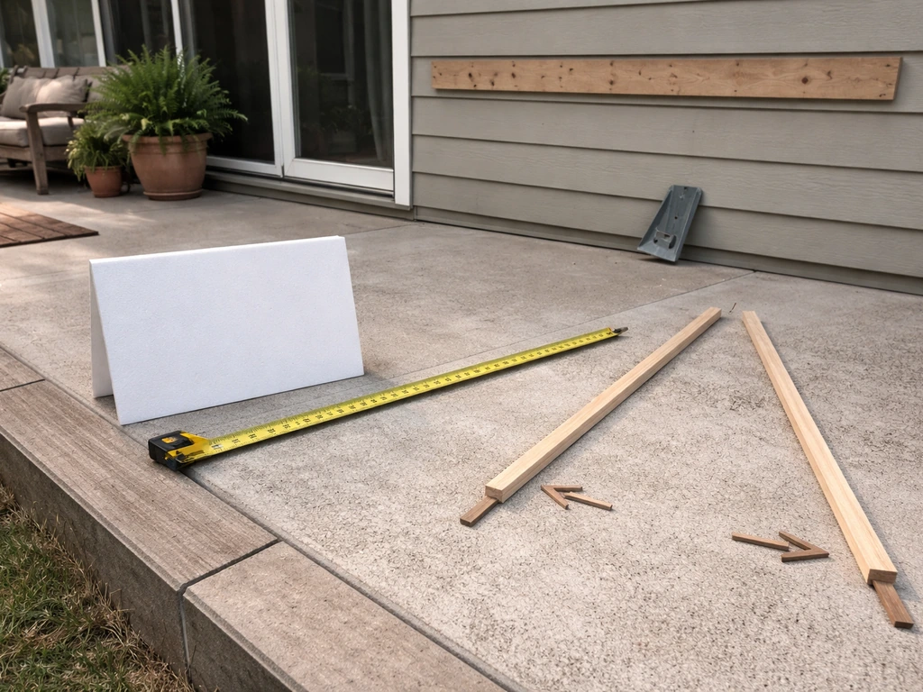 Measuring tape on a patio with boards angled to suggest roof pitch and a metal bracket near the exterior wall.