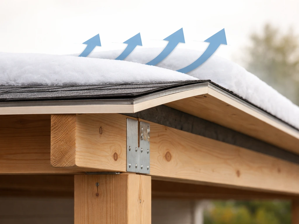 Minimal cross-section of a patio roof showing wind uplift arrows and a shaded snow load layer.