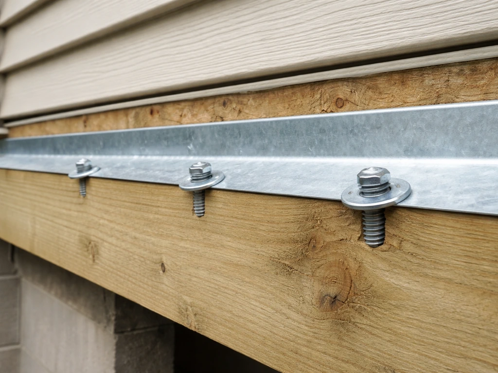 Close-up of a ledger board attached to a house with bolts and overlapping flashing for water-tightness.
