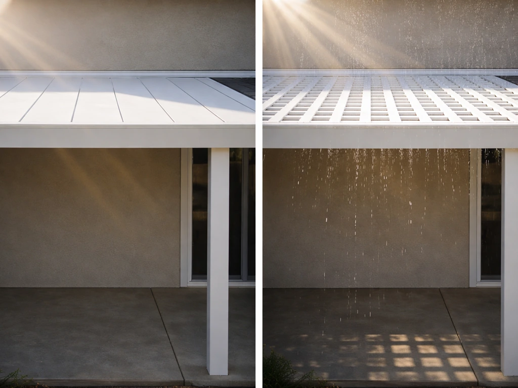 Side-by-side photo of a solid panel cover blocking light and rain versus an open lattice cover with visible gaps.