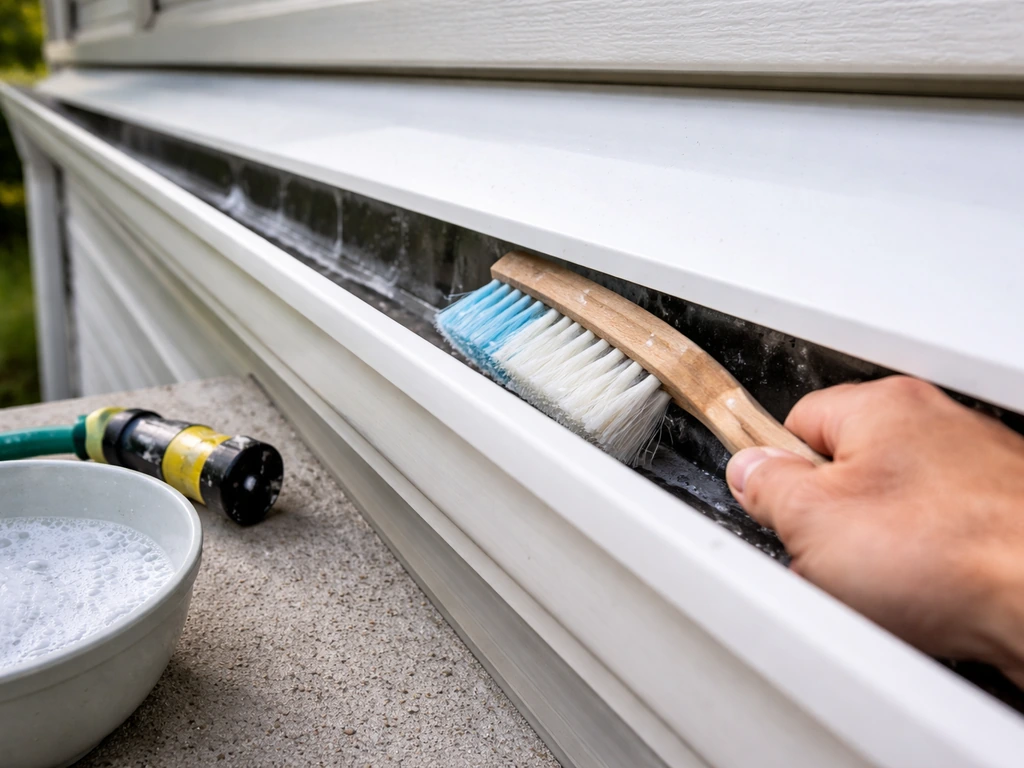 Hand soft-brush cleaning under a roof cover, with a clear drainage channel to prevent clogs.