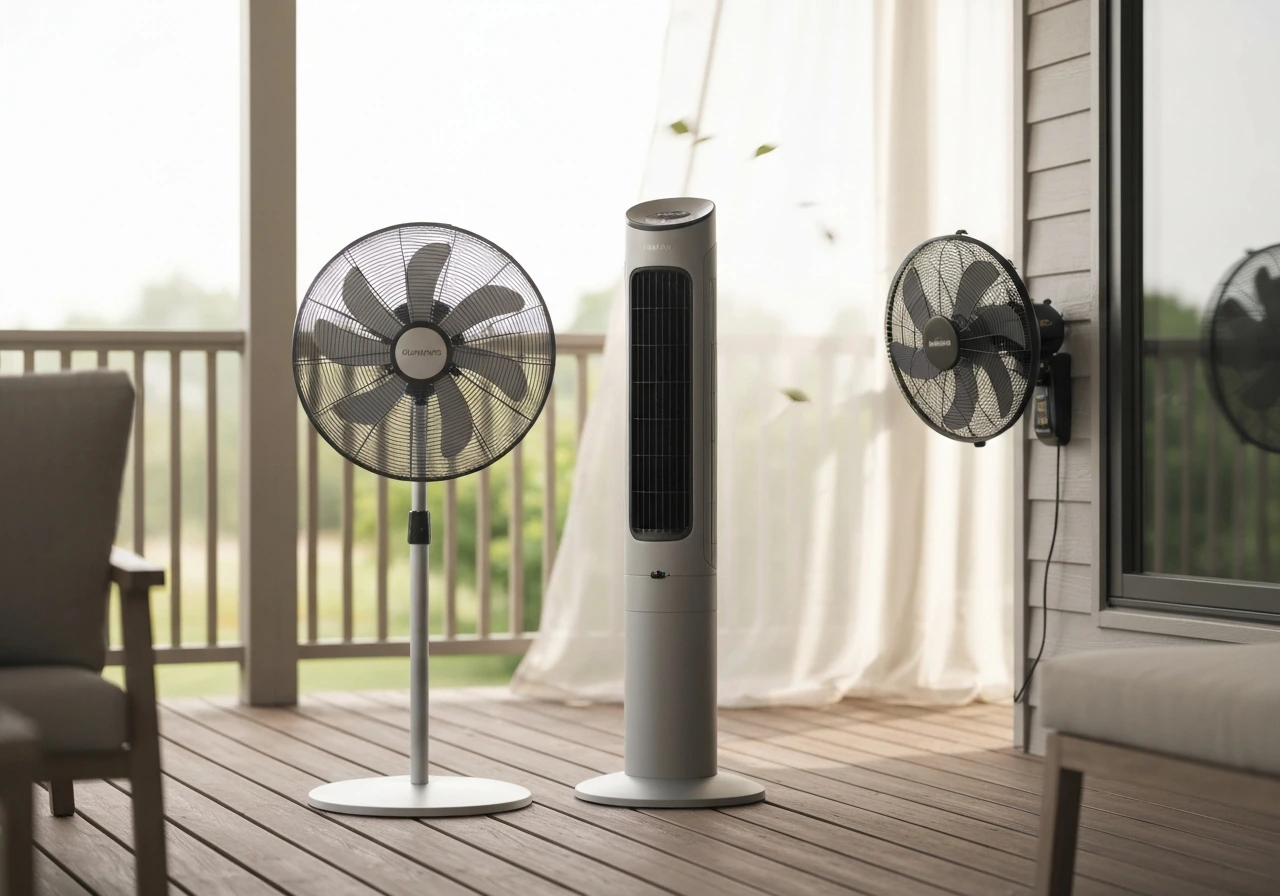 Three outdoor oscillating patio fans—pedestal, tower, and wall/ceiling—on a deck in natural light