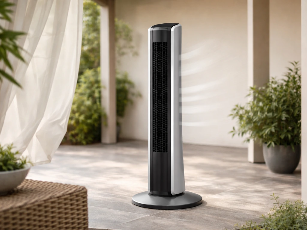 Low-profile outdoor tower oscillating fan on a covered patio with wide oscillation facing outward