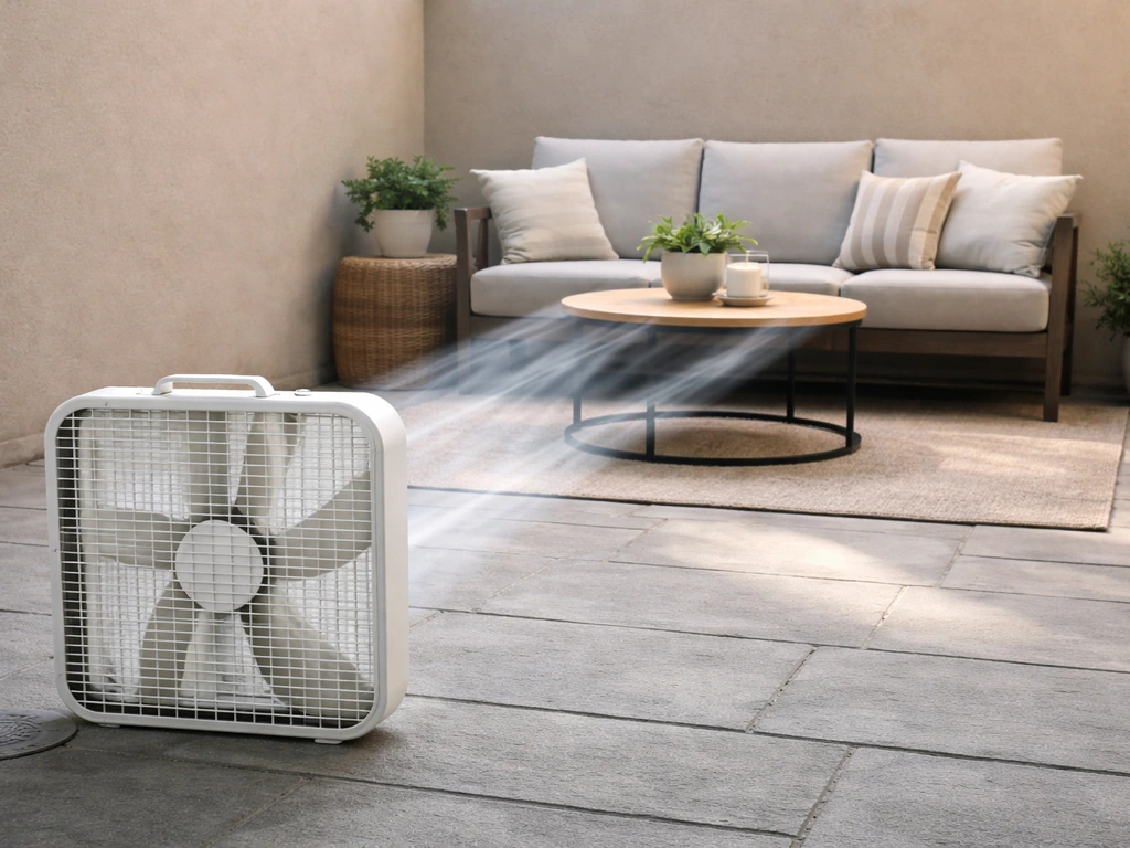 Outdoor patio showing a box fan placed 8–10 feet from seating with airflow aimed at people