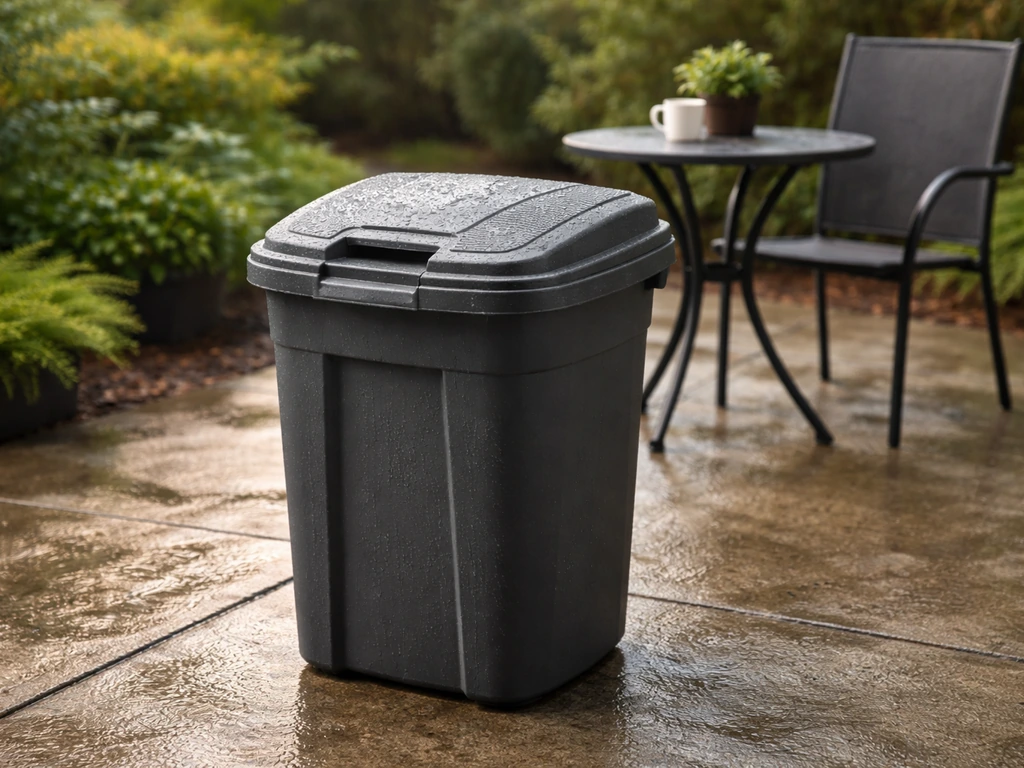 13-gallon outdoor patio trash can with sealed weatherproof lid beside a small outdoor dining area