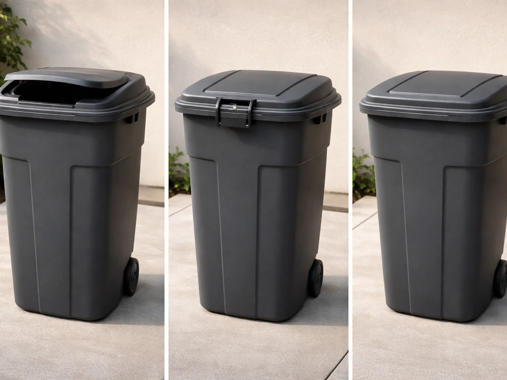 Three outdoor trash bin lids side-by-side showing different closure styles for odor control and pest prevention