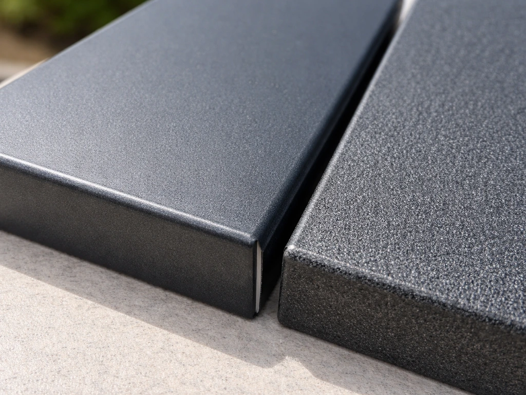 Close-up texture of powder-coated steel finish beside a rougher alternative material sample.