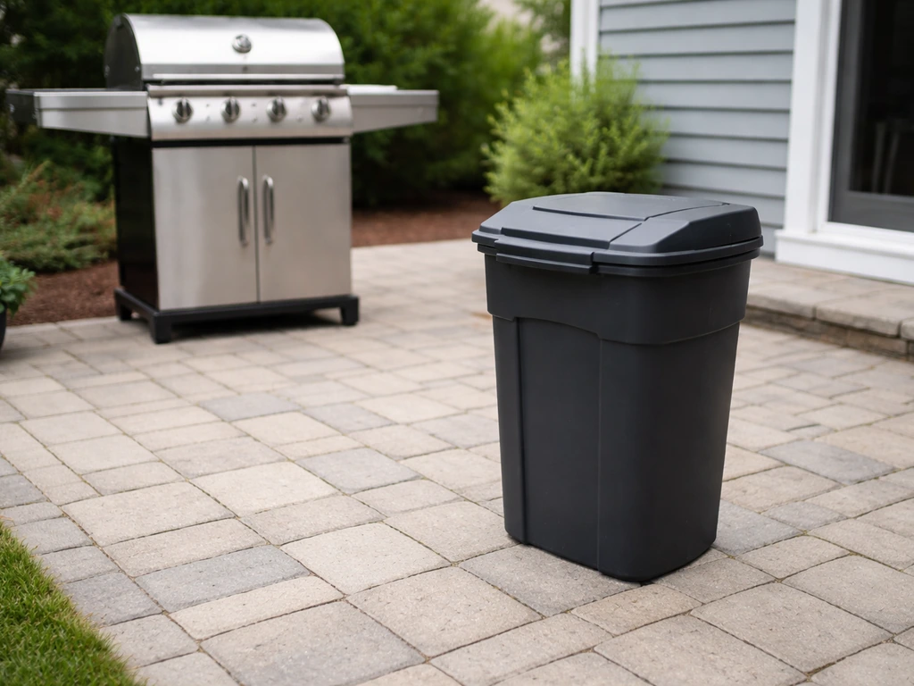 A 13-gallon patio trash can placed a few feet from the grill with clear walkway space.