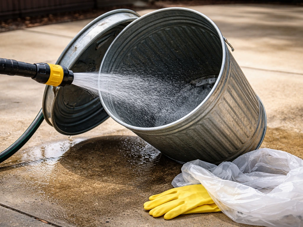 Garden hose rinsing the inside of an outdoor trash can while a liner and gloves sit nearby.