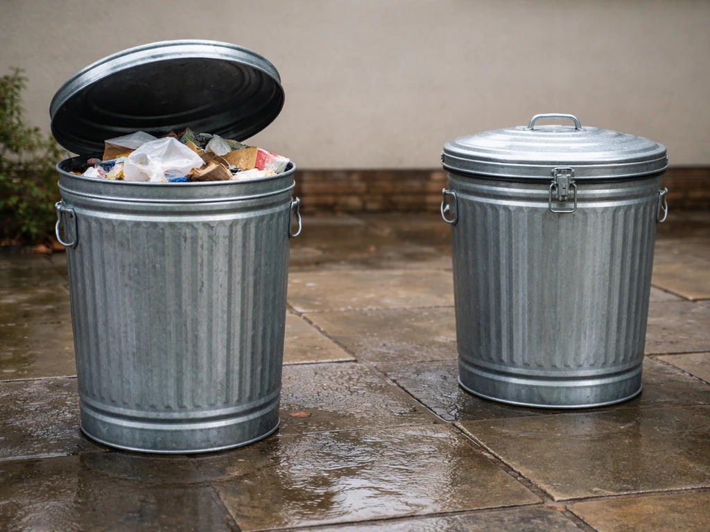 Open-top trash can on an exposed patio with rain-darkened ground, contrasting with a cleaner sealed bin nearby.