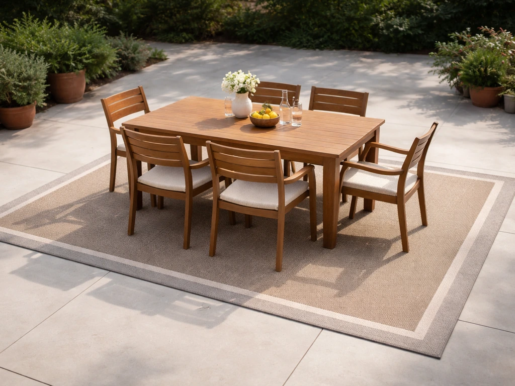 Angled view of an uncovered patio dining table centered with a rug margin showing extra space around it