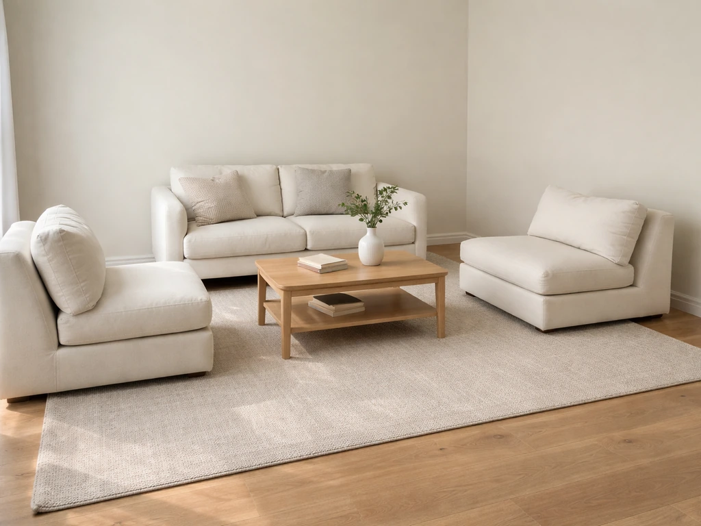 Loveseat and two chairs arranged so all front legs sit on a rectangular rug in a minimal living room.