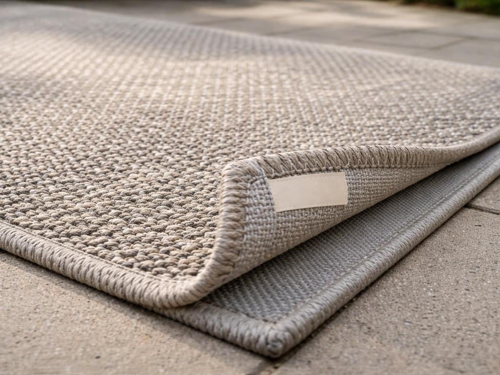 Close-up of an outdoor rug showing UV-stable fibers and water-resistant backing at the edge.