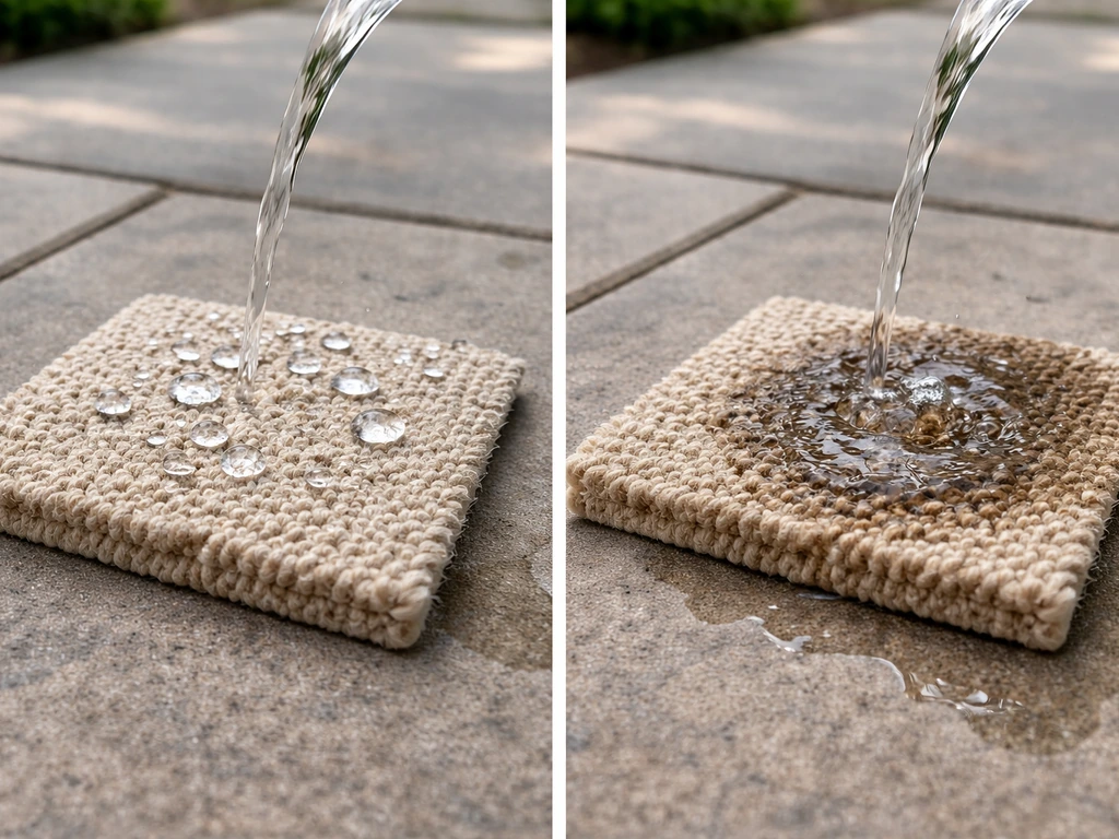 Two rug samples side-by-side showing different water behavior: beading on one, pooling/absorption on the other.