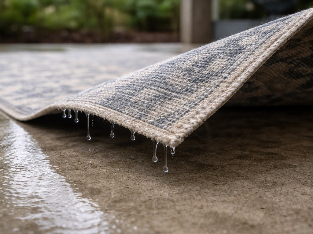Rug lifted on a wet patio after heavy rain, underside visible with droplets drying.