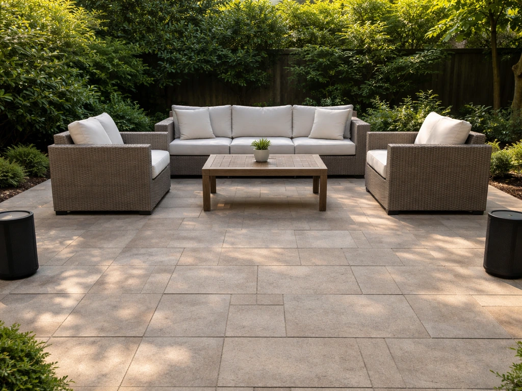 Two portable outdoor speakers at opposite ends of a medium patio with outdoor seating in between.